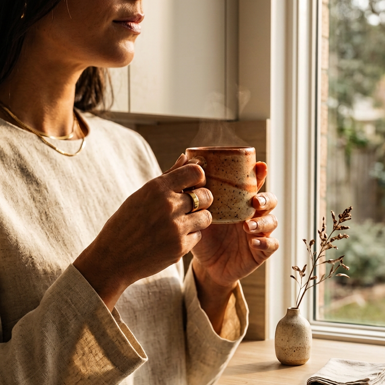 Person holding a mug by a window in a cozy kitchen setting